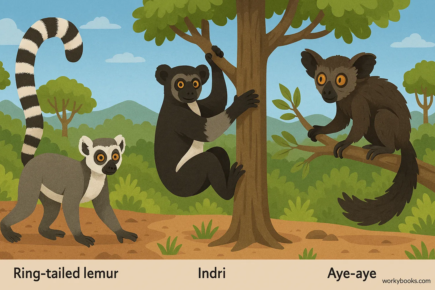 Three lemurs in Madagascar habitats with deforestation and conservation scenes across a wide landscape.